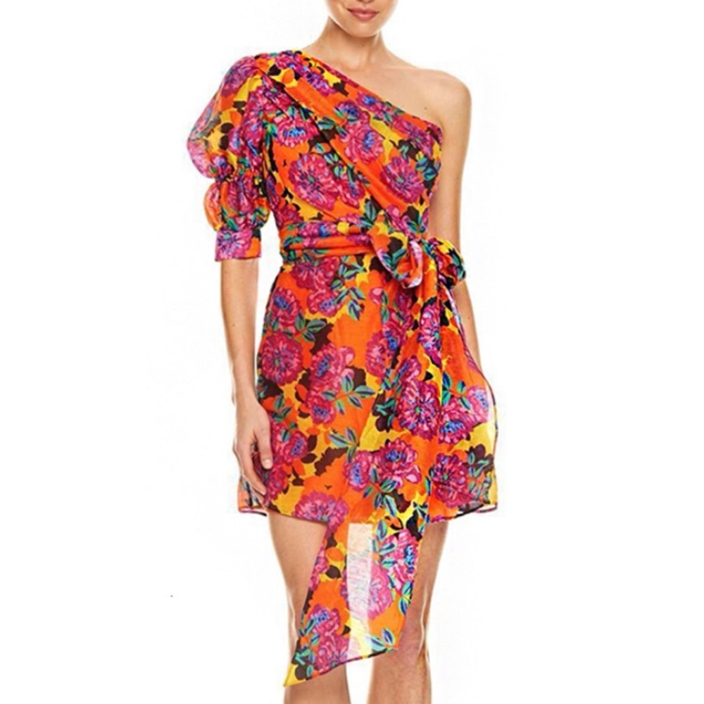 NWT Print Hit Dress Asym metrical Collar Puff Half